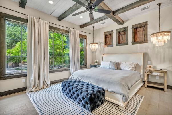 Bedroom, Interior, Pendant Lights, Recessed Lighting, Wooden Beams, Wood Texture Flooring