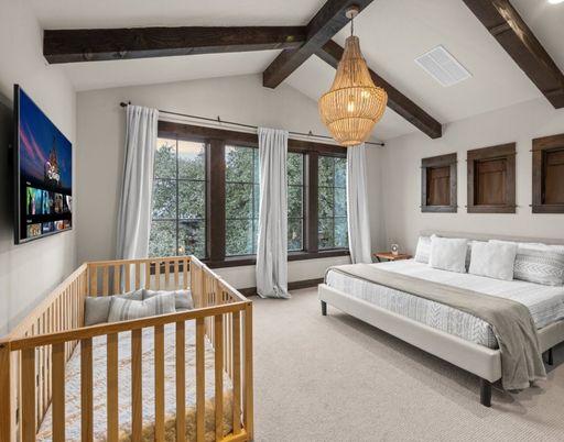 Bedroom, Chandelier, Interior, Pendant Lights, Wooden Beams