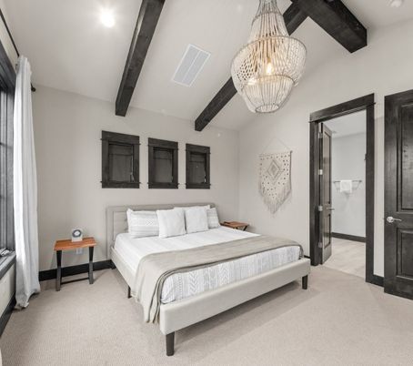 Bedroom, Chandelier, Interior, Pendant Lights, Recessed Lighting, Wooden Beams