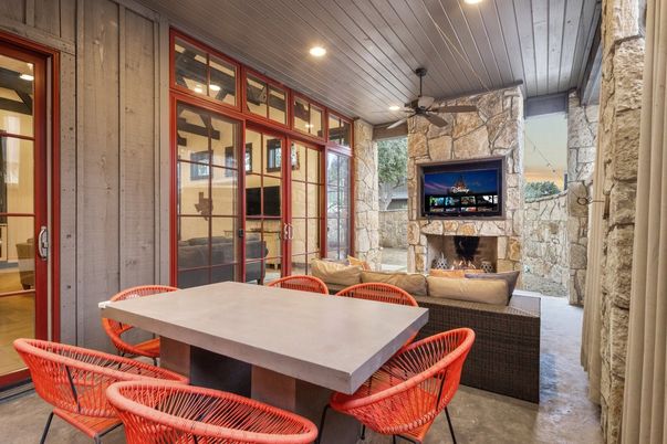 Dining room, Fireplace, Interior, Living room, Recessed Lighting, Stone Walls