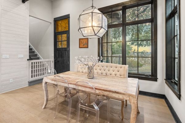 Dining room, Interior, Pendant Lights, Wood Texture Flooring