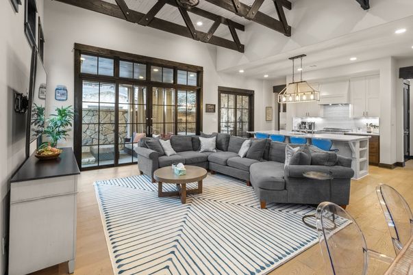 Interior, Kitchen, Living room, Pendant Lights, Recessed Lighting, Stainless Steel Appliances, Wooden Beams, Wood Texture Flooring