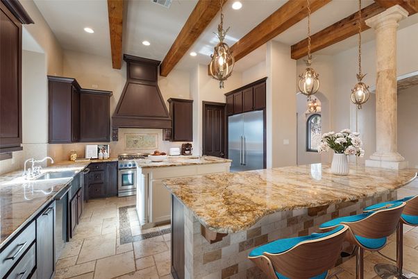 Interior, Kitchen, Pendant Lights, Recessed Lighting, Stainless Steel Appliances, Wooden Beams