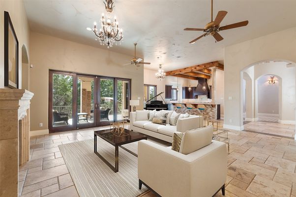 Chandelier, Fireplace, Interior, Living room, Piano, Wooden Beams
