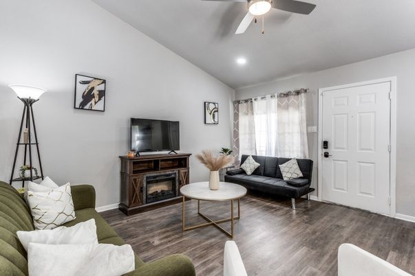 Fireplace, Interior, Living room, Recessed Lighting, Wood Texture Flooring