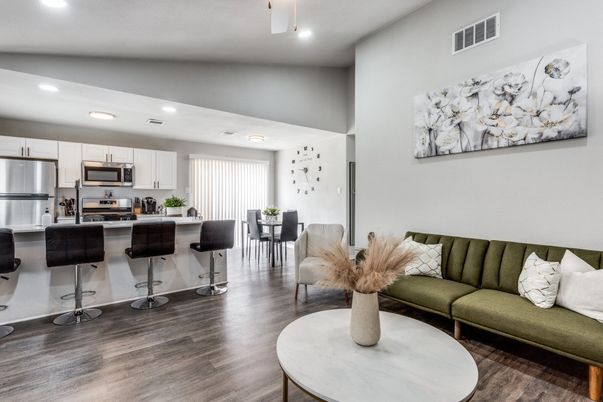 Dining room, Interior, Kitchen, Living room, Recessed Lighting, Stainless Steel Appliances, Wood Texture Flooring