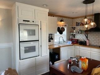 Interior, Kitchen, Pendant Lights, Recessed Lighting, Stainless Steel Appliances, Stone Walls