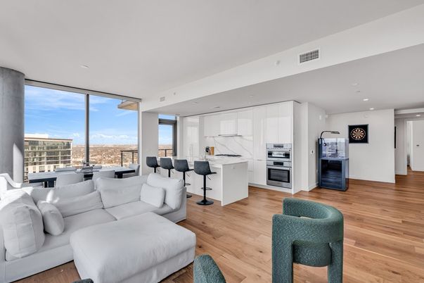 Dining room, Interior, Kitchen, Living room, Recessed Lighting, Stainless Steel Appliances, Wood Texture Flooring