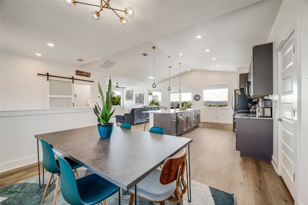 Dining room, Interior, Kitchen, Pendant Lights, Recessed Lighting, Wood Texture Flooring
