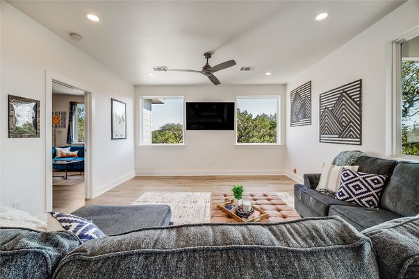 Interior, Living room, Recessed Lighting, Wood Texture Flooring