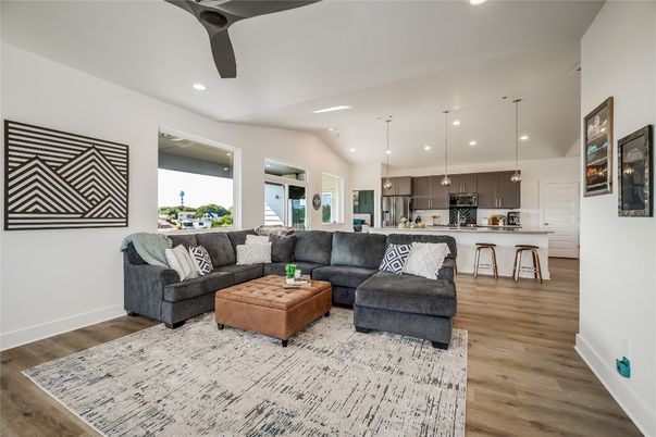 Interior, Kitchen, Living room, Pendant Lights, Recessed Lighting, Wood Texture Flooring