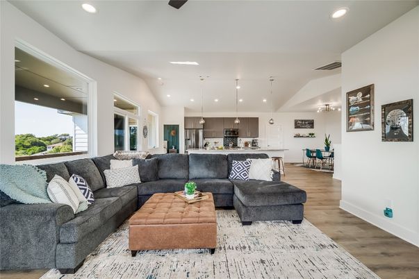 Interior, Kitchen, Living room, Pendant Lights, Recessed Lighting, Wood Texture Flooring
