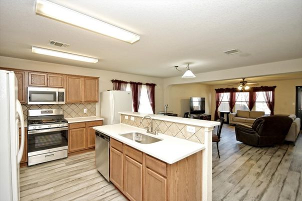 Interior, Kitchen, Living room, Stainless Steel Appliances, Wood Texture Flooring