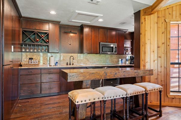 Interior, Kitchen, Recessed Lighting, Wood Texture Flooring, Wooden Walls