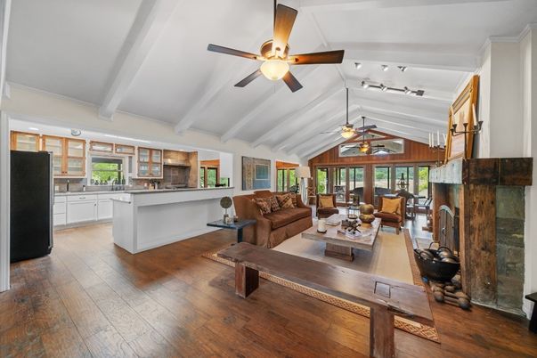 Fireplace, Interior, Kitchen, Living room, Wood Texture Flooring