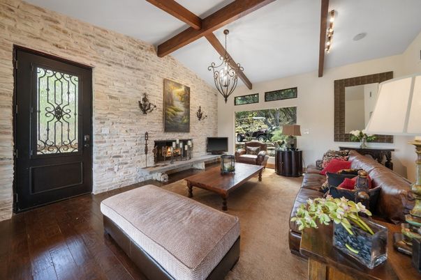 Fireplace, Interior, Living room, Stone Walls, Wooden Beams, Wood Texture Flooring
