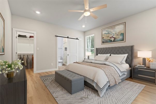 Bedroom, Interior, Recessed Lighting, Wood Texture Flooring