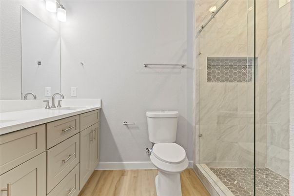 Bathroom, Glass Shower, Interior, Wood Texture Flooring