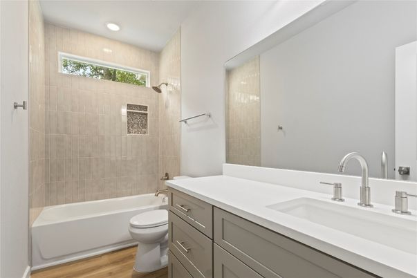 Bathroom, Dual Sink Vanities, Interior, Recessed Lighting, Wood Texture Flooring