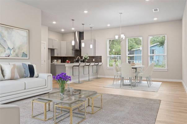 Dining room, Interior, Kitchen, Living room, Pendant Lights, Recessed Lighting, Water, Wood Texture Flooring