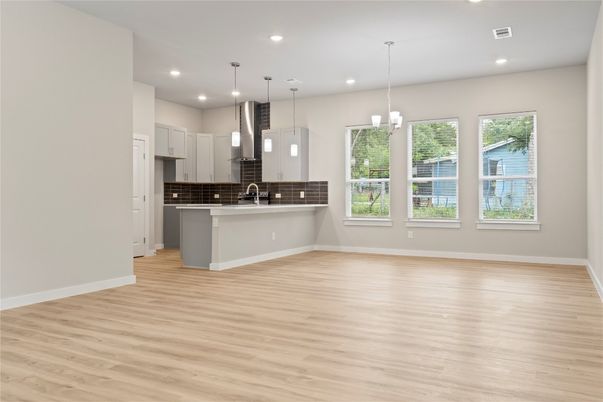 Empty room, Interior, Kitchen, Pendant Lights, Recessed Lighting, Wood Texture Flooring