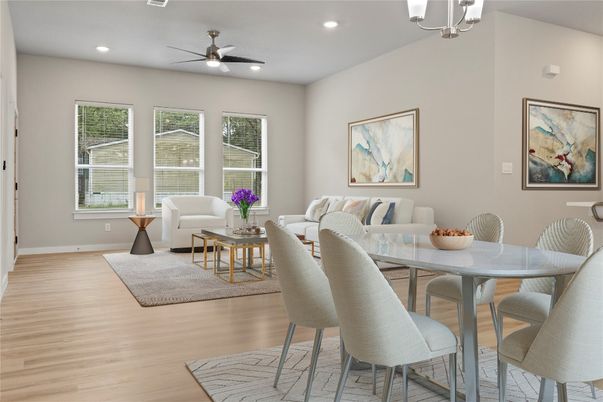 Dining room, Interior, Living room, Recessed Lighting, Wood Texture Flooring