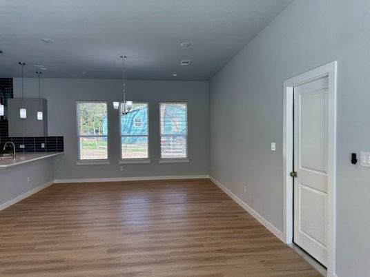 Chandelier, Empty room, Interior, Pendant Lights, Recessed Lighting, Wood Texture Flooring