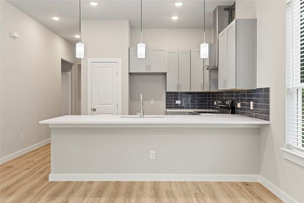 Interior, Kitchen, Pendant Lights, Recessed Lighting, Wood Texture Flooring
