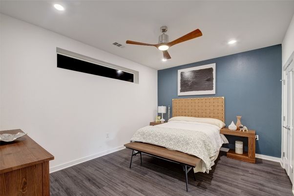 Bedroom, Interior, Recessed Lighting, Wood Texture Flooring