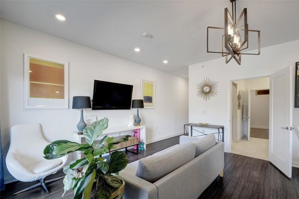 Interior, Living room, Pendant Lights, Recessed Lighting, Wood Texture Flooring