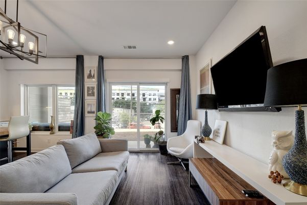 Interior, Living room, Pendant Lights, Recessed Lighting, Wood Texture Flooring