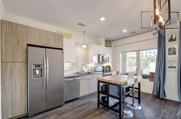 Interior, Kitchen, Pendant Lights, Recessed Lighting, Stainless Steel Appliances, Wood Texture Flooring