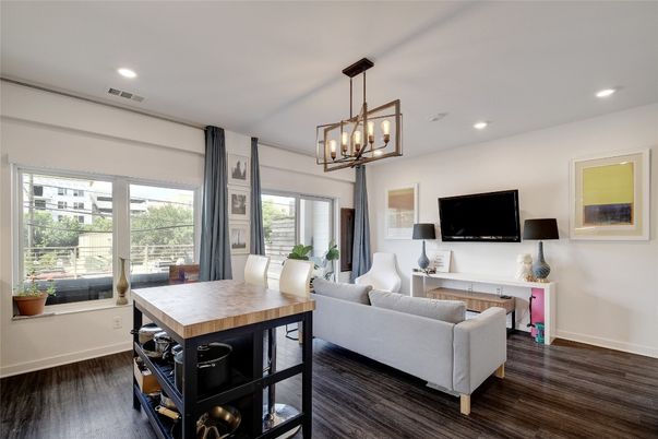 Dining room, Interior, Living room, Pendant Lights, Recessed Lighting, Wood Texture Flooring