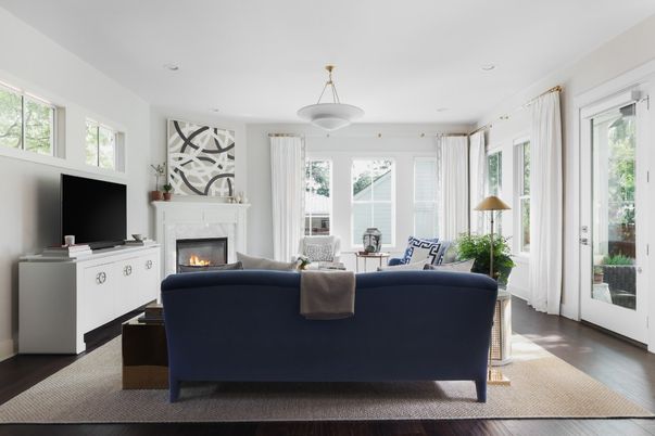 Fireplace, Interior, Living room, Recessed Lighting, Wood Texture Flooring