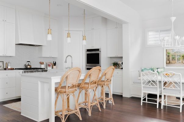 Dining room, Interior, Kitchen, Pendant Lights, Stainless Steel Appliances, Wood Texture Flooring