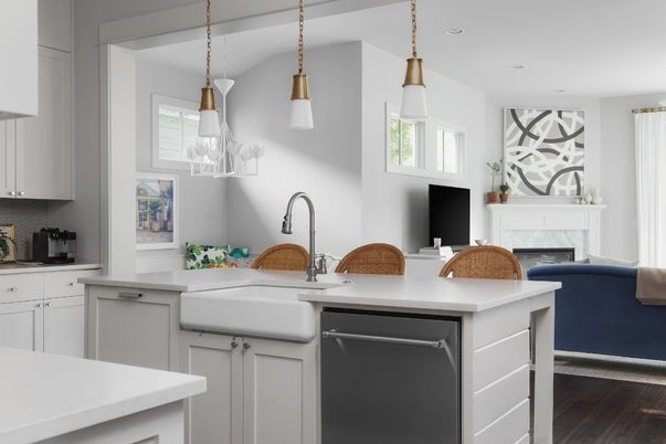Fireplace, Interior, Kitchen, Pendant Lights, Recessed Lighting, Wood Texture Flooring