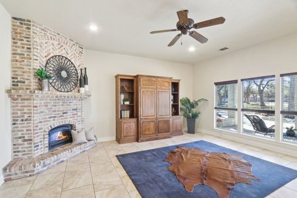 Fireplace, Interior, Recessed Lighting, Stone Walls
