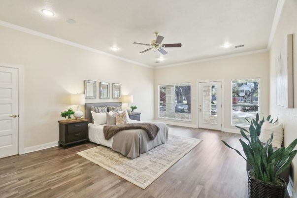 Bedroom, Interior, Recessed Lighting, Wood Texture Flooring