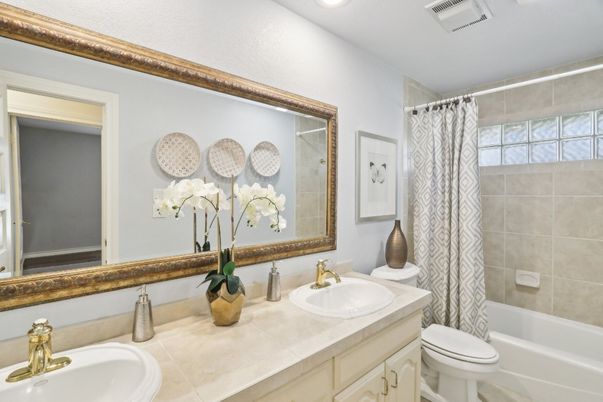 Bathroom, Dual Sink Vanities, Interior, Recessed Lighting, Tile Countertops