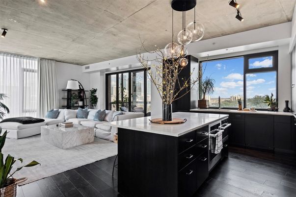 Interior, Kitchen, Living room, Pendant Lights, Recessed Lighting, Wood Texture Flooring