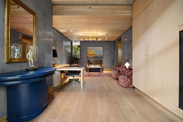 Home Office, Interior, Living room, Pendant Lights, Recessed Lighting, Wooden Ceilings, Wood Texture Flooring
