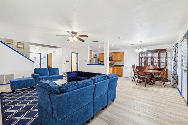 Chandelier, Dining room, Interior, Kitchen, Living room, Recessed Lighting, Wood Texture Flooring