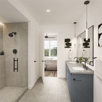Bathroom, Bedroom, Dual Sink Vanities, Glass Shower, Interior, Pendant Lights, Recessed Lighting, Wood Texture Flooring