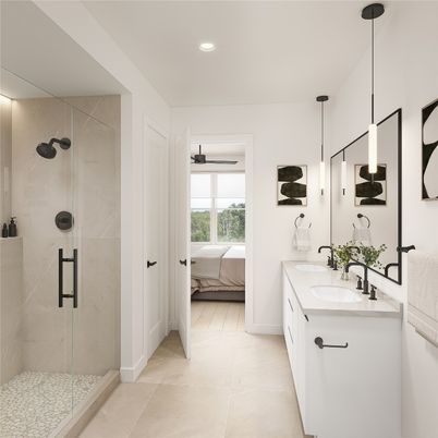Bathroom, Bedroom, Dual Sink Vanities, Glass Shower, Interior, Pendant Lights, Recessed Lighting