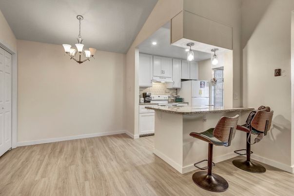 Chandelier, Interior, Kitchen, Recessed Lighting, Wood Texture Flooring