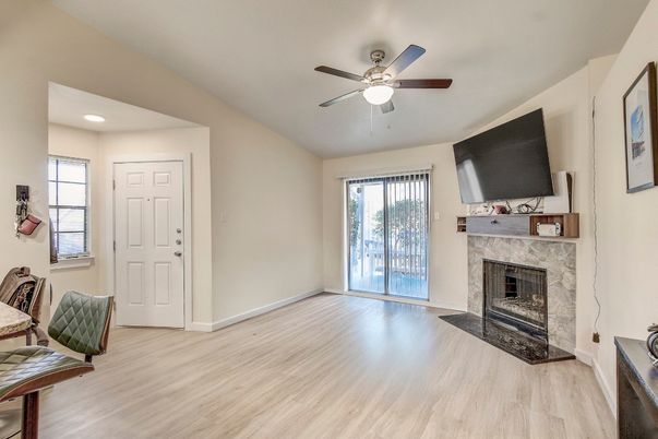 Fireplace, Interior, Recessed Lighting, Wood Texture Flooring