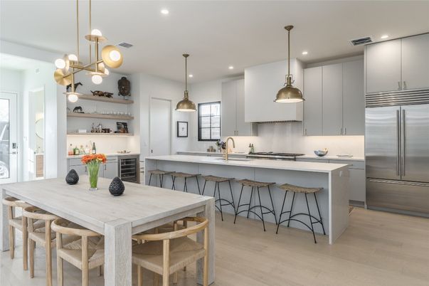 Dining room, Interior, Kitchen, Pendant Lights, Recessed Lighting, Stainless Steel Appliances, Wood Texture Flooring