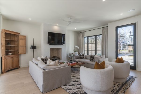 Fireplace, Interior, Living room, Recessed Lighting, Wood Texture Flooring
