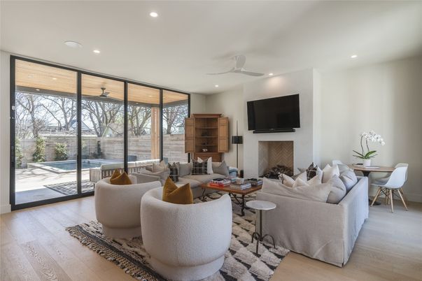 Dining room, Fireplace, Interior, Living room, Recessed Lighting, Wood Texture Flooring