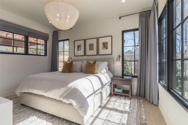 Bedroom, Chandelier, Interior, Recessed Lighting, Wood Texture Flooring